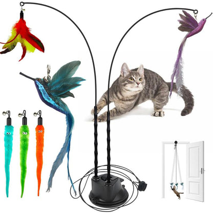 2 wands with base & 6 feather interactive cat toy set | pet supplies for dogs & cats for pets