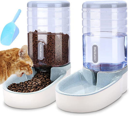 automatic dog cat feeder and water dispenser set,waterer and gravity food feeder for small & medium dogs cats puppies,large capacity 1 gallon x 2 (grey) | pet supplies for dogs & cats for pets