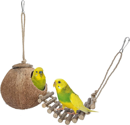 Coconut Bird House Toy with Ladder for Small Pets