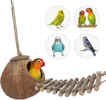 Coconut Bird House Toy with Ladder for Small Pets